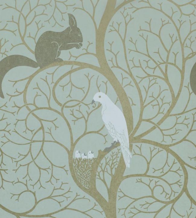 Squirrel & Dove Wallpaper - Teal 