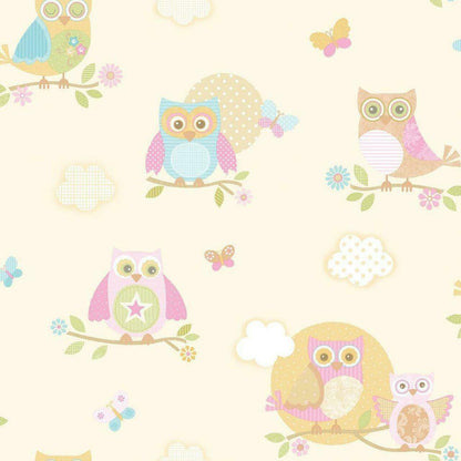 Just 4 Kids 2 Owl Nursey Wallpaper - Cream 