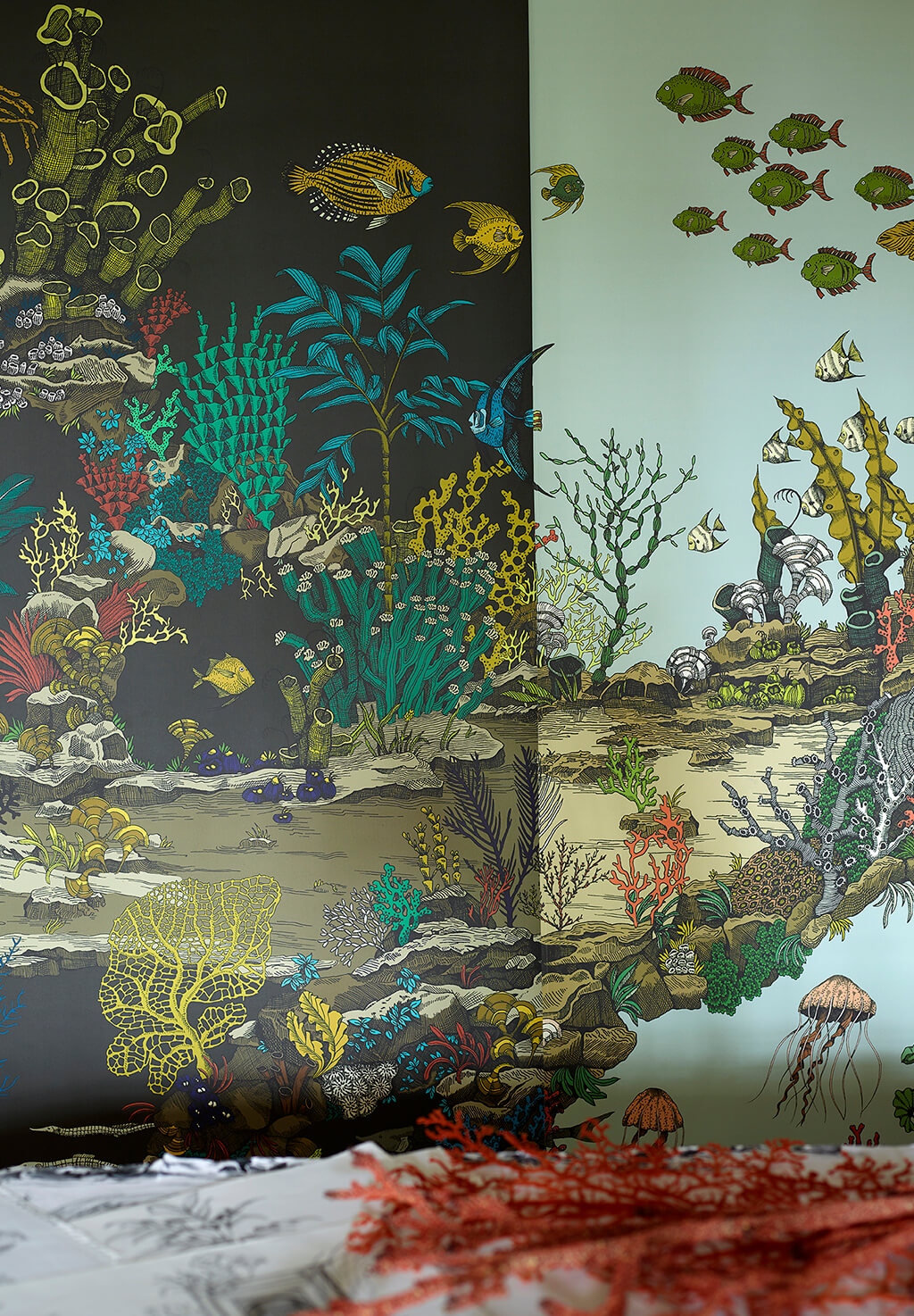 Underwater Jungle Room Wallpaper | Graphite and Jewel Highlights