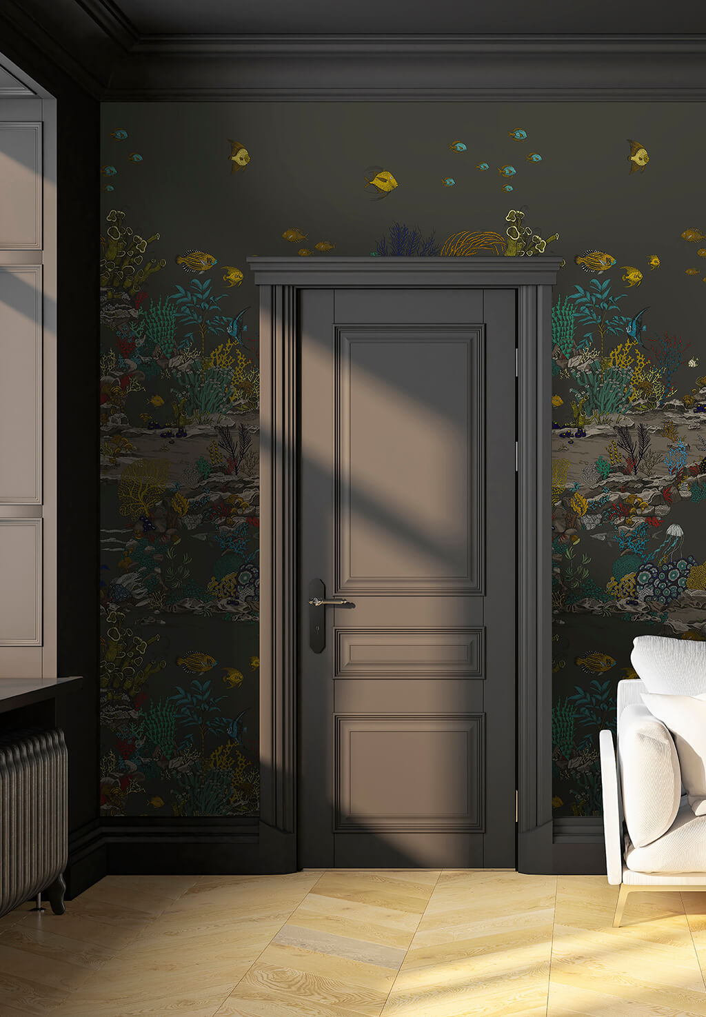 Underwater Jungle Room Wallpaper | Graphite and Jewel Highlights