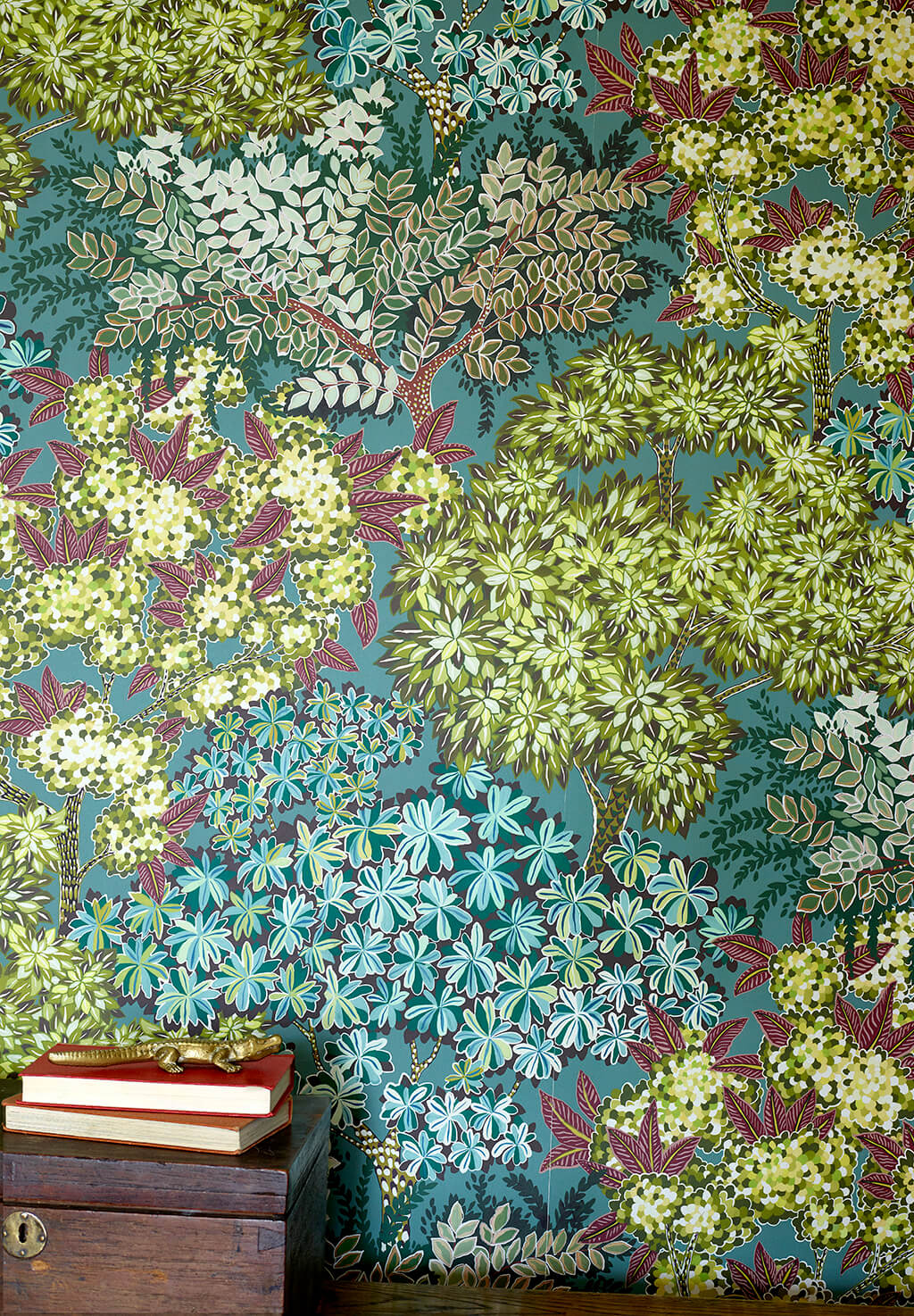 Broccoli Canopy Room Wallpaper | Celadon, Olive Green and Deep Red