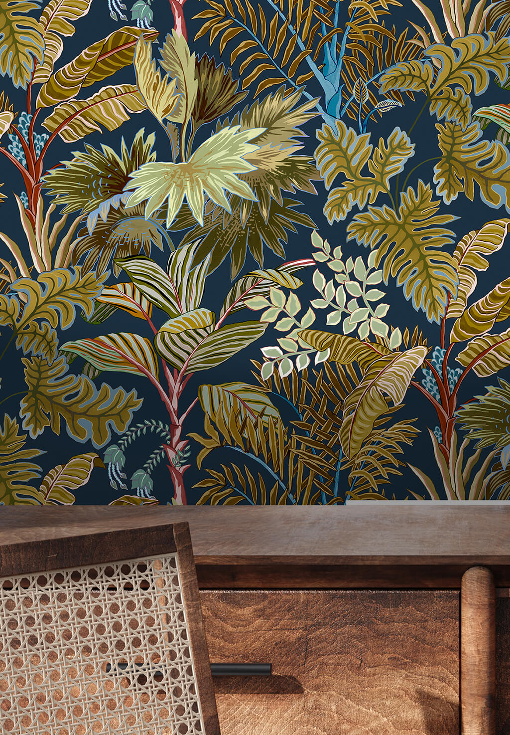 Palm Grove Room Wallpaper | Navy and Olive