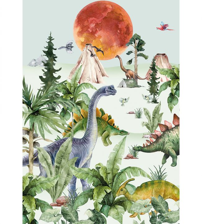 Dino By Moonlight Nursery Mural - Green