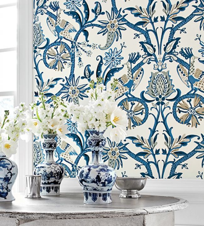 Peacock Garden Room Wallpaper - Blue