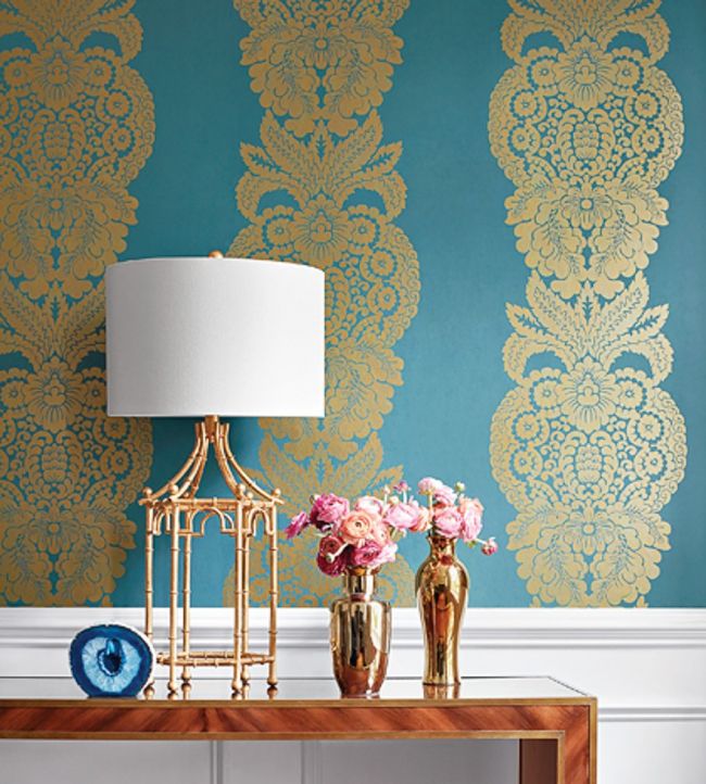 Rowan Damask Room Wallpaper - Teal