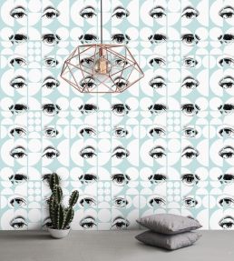 Eyes and Circles Room Wallpaper - Teal