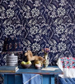 Folk Embroidery Room Wallpaper - Blue